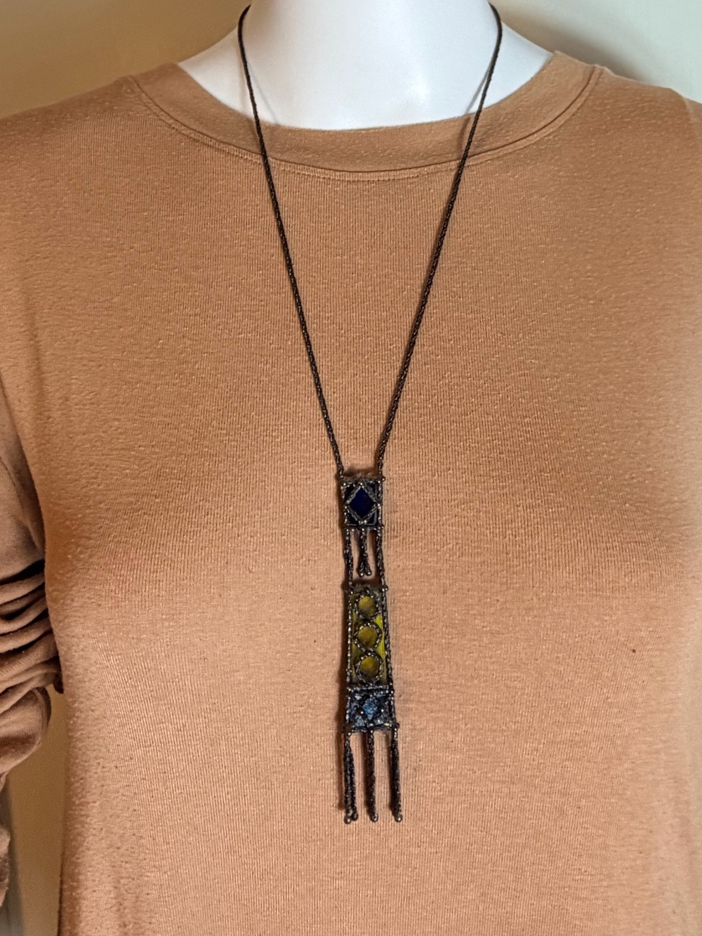 Vintage Long Multicolor Geometric Fringe Pendant Necklace